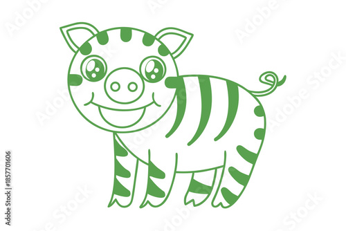 Cheerful linear pig with stripes stands happily outlined in vivid green color
