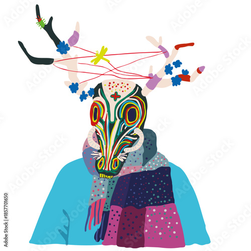 character in deer mask in hand drawn style in vector. Element for poster sticker design decoration postcards prints