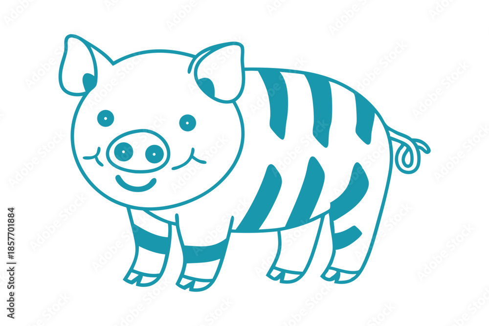 Fototapeta premium Teal outlined cartoon pig displays striped pattern with adorable smiling face on clear background