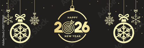 Elegant Happy New Year 2026 banner with golden baubles, snowflakes and hanging stars on a black background, luxury festive holiday illustration ideal for seasonal greetings, web headers and event invi