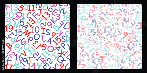 Abstract Seamless Pattern with Colorful Letters and Numbers on Black Background.
