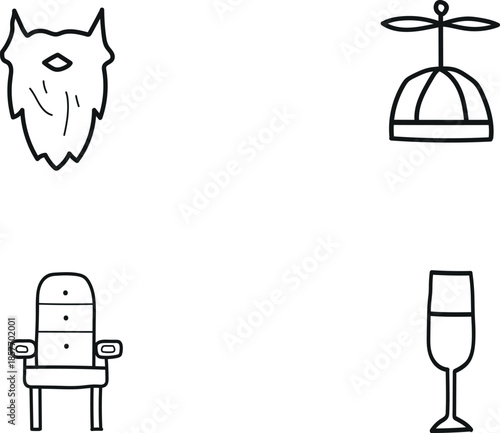 Simple line drawings of a wolf cloche barbers chair and champagne flute