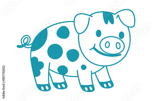 Cartoon pig outline with teal spots cheerfully stands against a white background