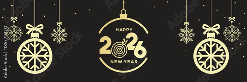Elegant Happy New Year 2026 banner with golden baubles, snowflakes and hanging stars on a black background, luxury festive holiday illustration ideal for seasonal greetings, web headers and event invi