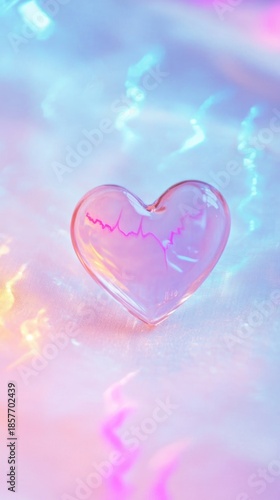 Translucent Heart with Pink EKG Line on Iridescent Pastel Fabric, Soft Focus