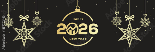 Elegant Happy New Year 2026 banner with golden baubles, snowflakes and hanging stars on a black background, luxury festive holiday illustration ideal for seasonal greetings, web headers and event invi