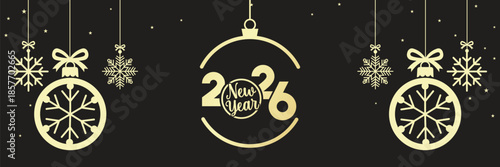 Elegant Happy New Year 2026 banner with golden baubles, snowflakes and hanging stars on a black background, luxury festive holiday illustration ideal for seasonal greetings, web headers and event invi