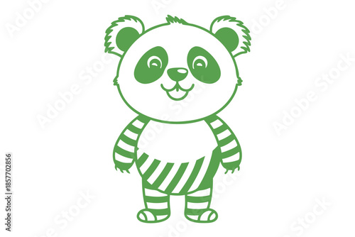 Cartoon panda with green stripes stands cheerfully on a white, clean backdrop