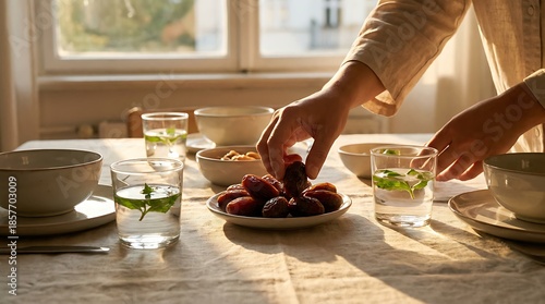 Thoughtful hands arrange fresh dates and refreshing mint water, setting a warm, sunlit table for a cherished meal