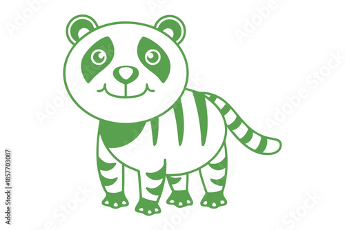 A cute pandatiger hybrid with green stripes stands and smiles playfully at the viewer