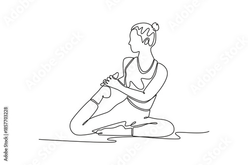 A young woman is depicted sitting on a yoga mat. Health & Wellness. Growing family life stage concept. Single line draw design. Vector graphic illustration