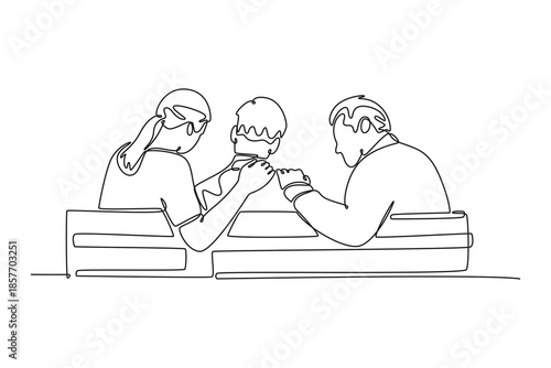 Caring mother and dad supporting sad teen son. emosional support. Growing family life stage concept. Single line draw design. Vector graphic illustration