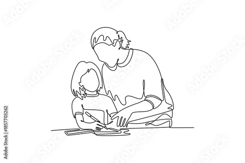 Happy child and adult are sitting at desk. Girl doing homework. parenting. Growing family life stage concept. Single line draw design. Vector graphic illustration
