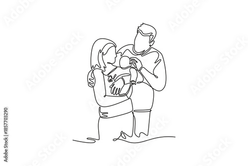 Happy mother father with newborn baby at home. Growing family life stage concept. Single line draw design. Vector graphic illustration