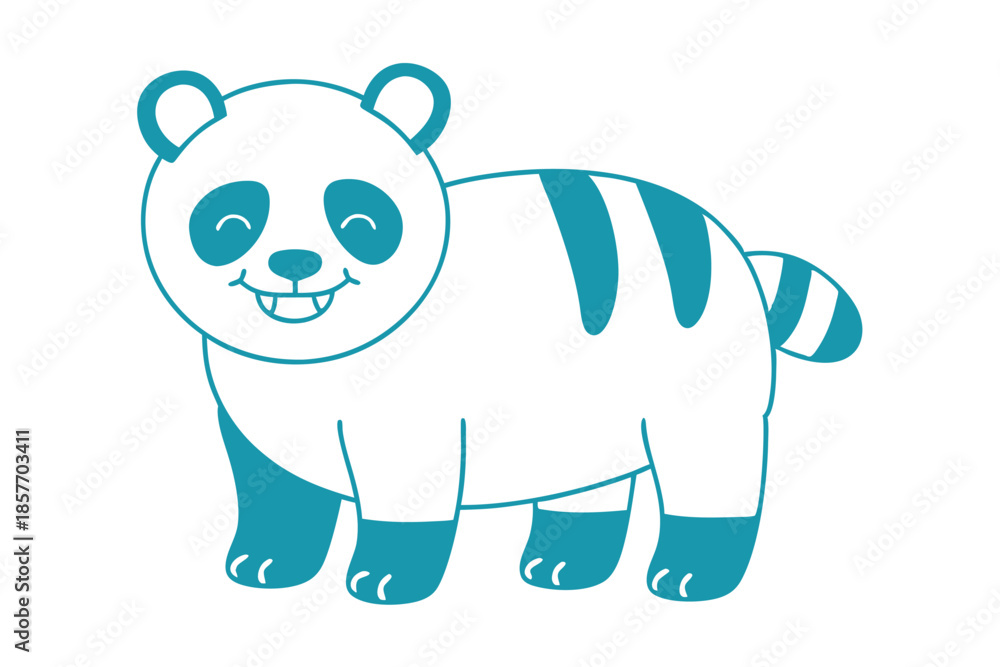 Fototapeta premium A cheerful, turquoise panda bear smiles, featuring stripes along its back and happy face
