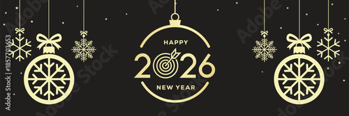 Elegant Happy New Year 2026 banner with golden baubles, snowflakes and hanging stars on a black background, luxury festive holiday illustration ideal for seasonal greetings, web headers and event invi