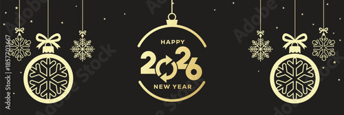 Elegant Happy New Year 2026 banner with golden baubles, snowflakes and hanging stars on a black background, luxury festive holiday illustration ideal for seasonal greetings, web headers and event invi
