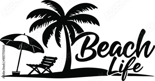 Black silhouette of palm tree beach chair and umbrella with text