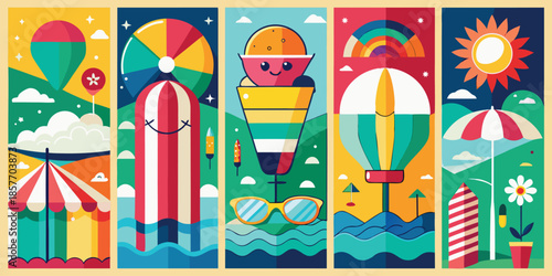 Colorful summer vacation scenes with beach umbrella and ice cream