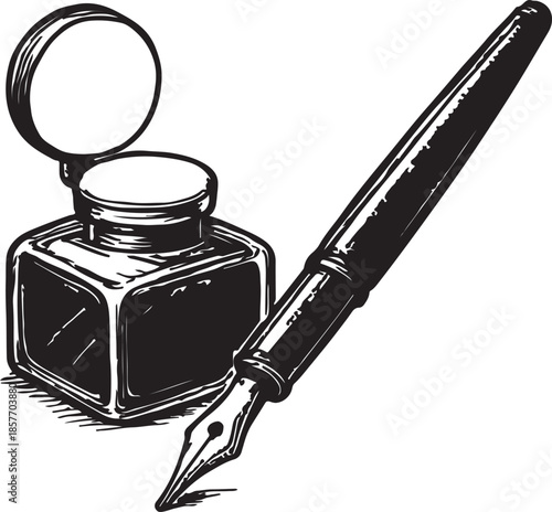 Hand drawn vintage inkwell with fountain pen nib in black and white line art style