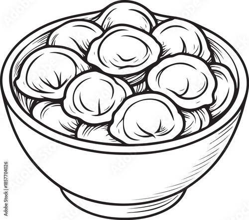 Line art of a bowl with traditional Russian pelmeni dumplings