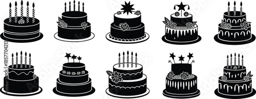 Birthday cake silhouettes, black cake icons, celebration dessert vector, party clipart set, candle topper graphic bundle