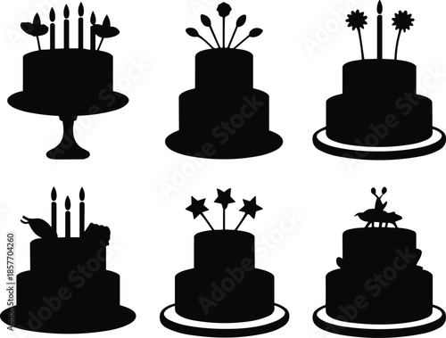 Black silhouette cake icons, birthday cakes, celebration desserts, vector set, graphic design, party symbols, isolated, decoration
