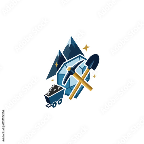 Mining Tools Wheelbarrow Shovel Pickaxe Logo.