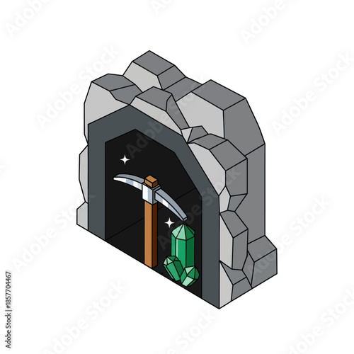 Pickaxe and Emerald in Cave Entrance.