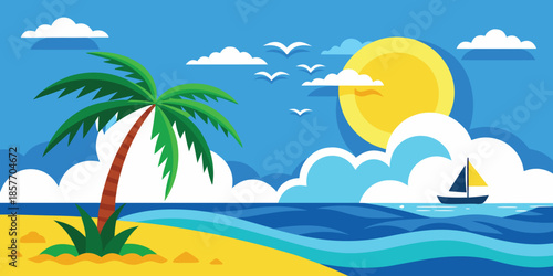 Tropical beach scene with palm tree sailboat and sun