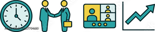Business icons, time management, handshake partnership, video conference, growth chart, productivity, teamwork, remote meeting, strategy