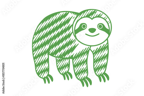 A cartoonish green sloth stands happily with a striped body and visible front limbs