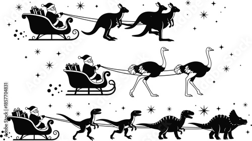 Santa Claus riding sleigh pulled by kangaroos ostriches and dinosaurs vector silhouette set for funny Australian Christmas and prehistoric holiday themed design.