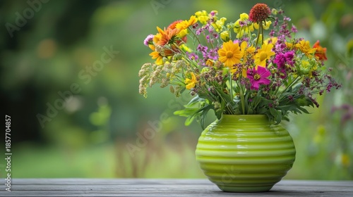 Vibrant Wildflower Bouquet in Striped Green Vase on Rustic Wooden Table