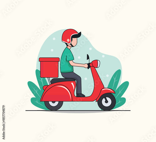 Delivery man in helmet riding scooter Vector illustration in flat style