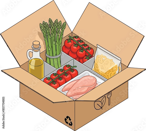 Fresh ingredients for healthy meal preparation including chicken breast asparagus tomatoes pasta and olive oil delivered in a cardboard box for convenience