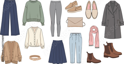 Clothing and accessories set, fashion outfit guide, wardrobe planning chart, garment styles, seasonal apparel, flat vector illustration