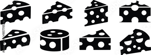 Cheese silhouettes, black vector icons, dairy food, wedge shapes, cheese wheel, snack clipart, food design, kitchen element, cheese bundle, graphic illustration, silhouette set, dairy product,