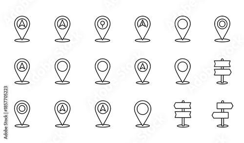 Outline map pointer and location pin vector icon set with navigation symbols isolated on white