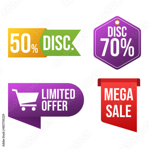 Flat vector discount and sale badges for promotional and e-commerce use.