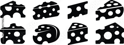 Cheese silhouettes, dairy icons, food design, Swiss cheese shapes, wedge illustration, vector clipart, black graphic, culinary symbol