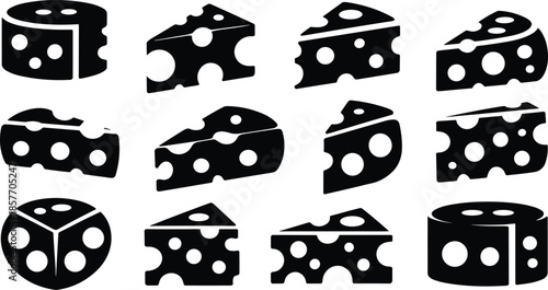 Cheese silhouettes, Swiss cheese icons, black vector shapes, hole patterns, dairy theme, food design, cheese collection, graphic illustration, cheese set, minimal style, wedge slices,