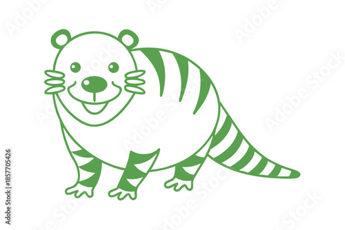 Green striped animal creature cheerfully stands against a bright white background in a simple line drawing