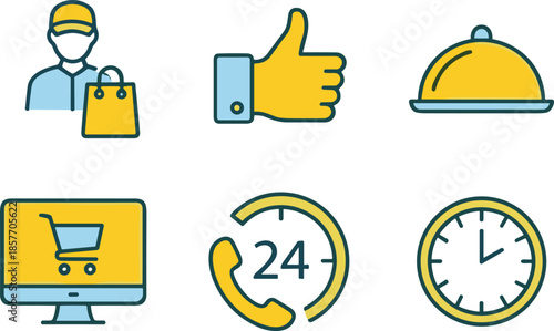 Customer service icons, delivery person, thumbs up, food tray, online shopping, 24-hour support, clock, satisfaction, business