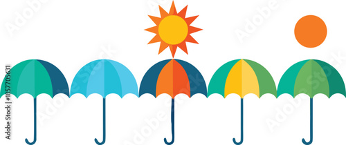 Five colorful umbrellas under a sun and orange circle