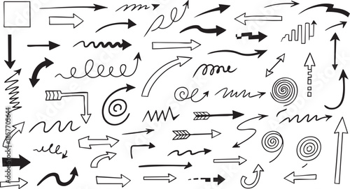 A large collection of hand-drawn doodle arrows in various styles and directions on a white background, perfect for graphic design.