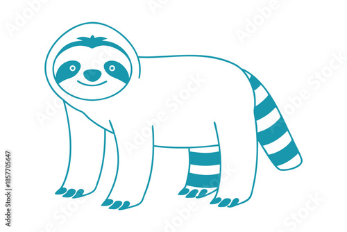 Simple blue outline shows a cute cartoon sloth standing with a striped tail
