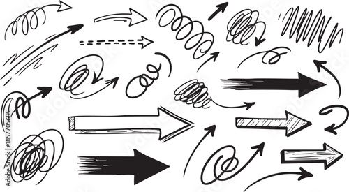 A diverse collection of hand-drawn arrows in various styles and directions, illustrating movement and guidance.