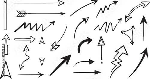 A diverse collection of hand-drawn arrows in various styles and directions, perfect for graphic design elements and indicators.