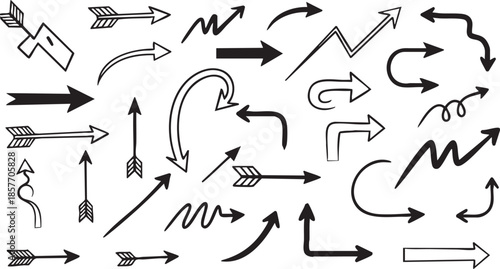 A diverse collection of hand-drawn arrows in various styles and directions, illustrating movement and guidance.